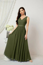 Abito da Sera Donna in Chiffon Lungo per Damigelle, Scollato, Senza Maniche, Linea A, per Feste Serali, Ballo di Fine Anno e Homecoming, Modello 2808