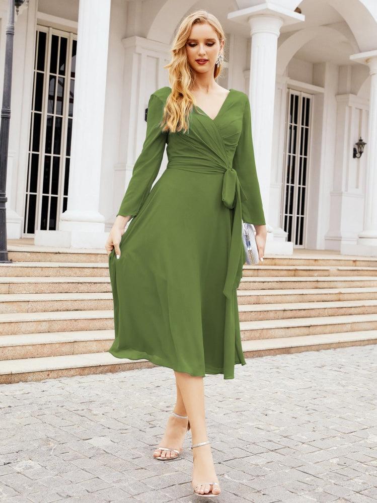 Vestido de madrinha com decote em V e cinto para mãe da noiva e convidada de casamento 28031 