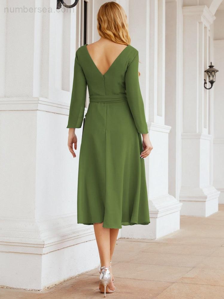 Vestido de madrinha com decote em V e cinto para mãe da noiva e convidada de casamento 28031 