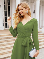 Vestido de madrinha com decote em V e cinto para mãe da noiva e convidada de casamento 28031 