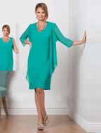 Vestido de duas peças para mãe da noiva, convidada de casamento, simples, elegante, decote em V, comprimento até ao joelho, chiffon, manga 3/4, cor sólida