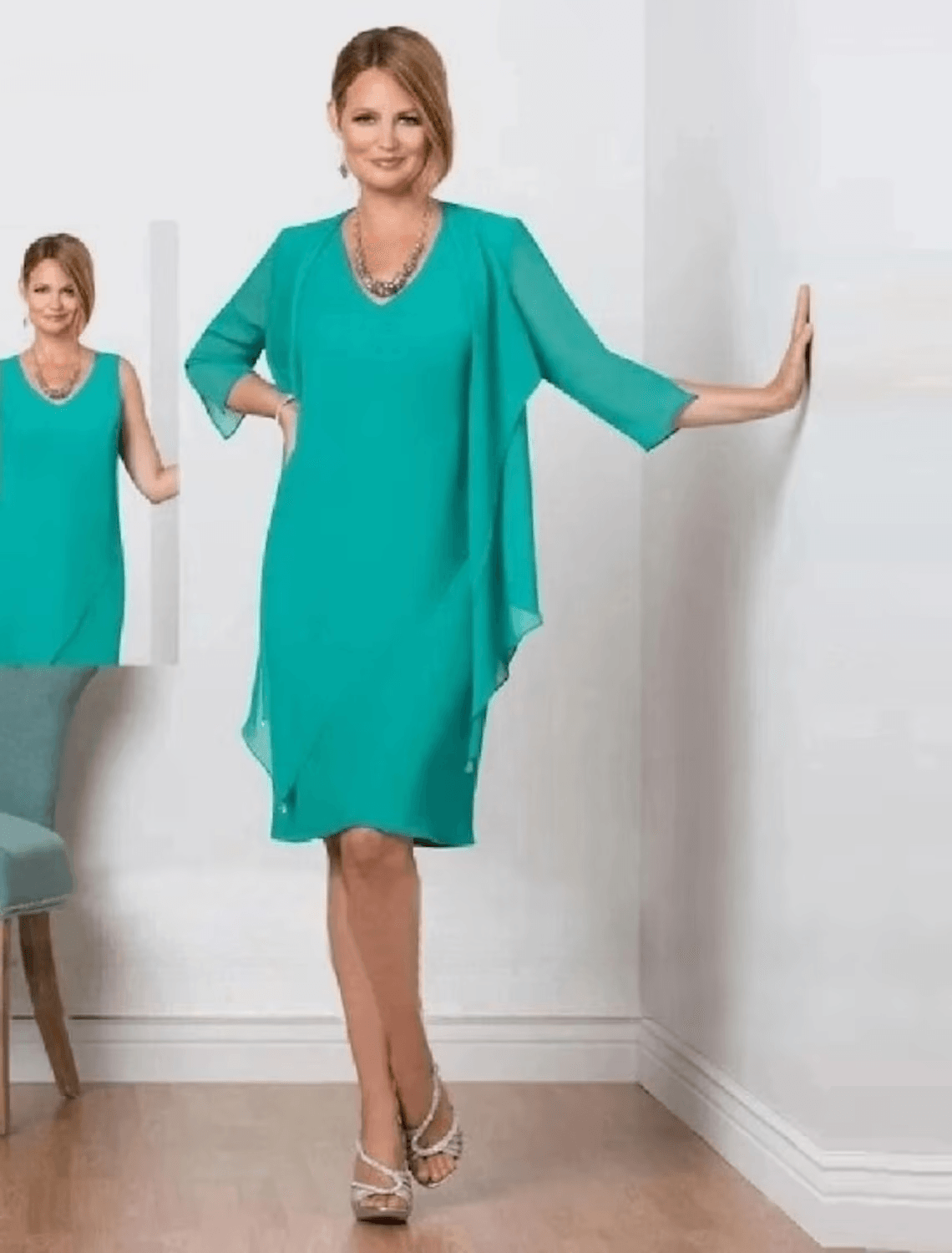 Vestido de duas peças para mãe da noiva, convidada de casamento, simples, elegante, decote em V, comprimento até ao joelho, chiffon, manga 3/4, cor sólida