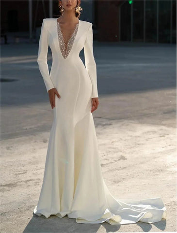 Formelle Brautkleider Trompete/Meerjungfrau-Linie V-Ausschnitt Langarm Pinselschleppe Chiffon Brautkleider