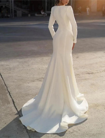 Formelle Brautkleider Trompete/Meerjungfrau-Linie V-Ausschnitt Langarm Pinselschleppe Chiffon Brautkleider
