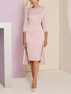 Zweiteiliges, elegantes Etuikleid für formelle Hochzeitsgäste, elegantes Kleid mit Rundhalsausschnitt, knielang, mit Pailletten, italienischem Satin, 3/4-Ärmel, mit Kristallen und Perlen besetzt, Kleid für die Brautmutter