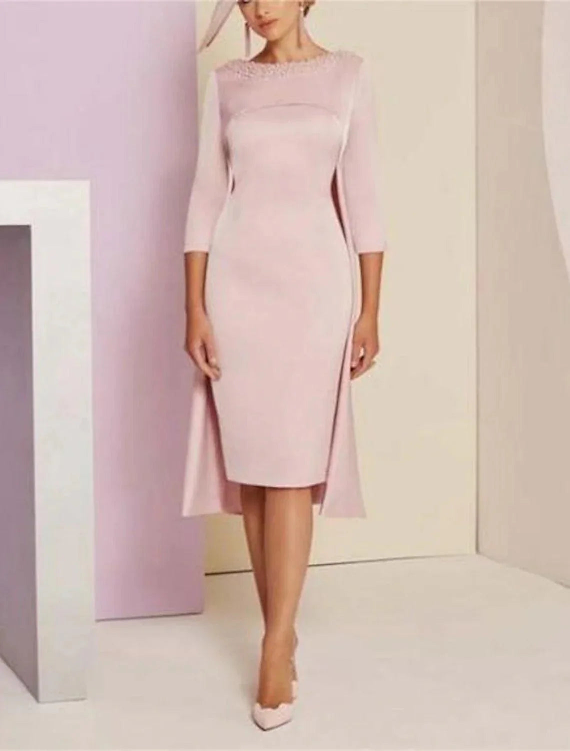 Vestidos elegantes de duas peças, vestidos de cerimónia para convidados de casamento, elegantes, decote em joia, comprimento até ao joelho, lantejoulas, cetim italiano, manga 3/4 com cristais e missangas, vestido para mãe da noiva