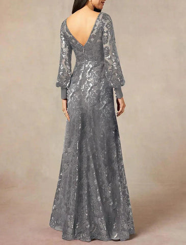 Formelles Hochzeitsgast-Kleid, elegant, mit Rundhalsausschnitt, bodenlang, Chiffon, Pailletten, lange Ärmel und Pailletten, für die Mutter der Braut