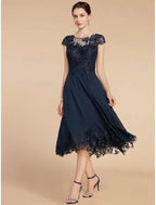 Vestido de mãe da noiva elegante, pequeno, com decote redondo, comprimento chá, de chiffon e renda, manga curta, com lantejoulas, cor sólida