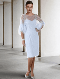 Etuikleid/Säulenkleid für die Brautmutter, elegant, funkelnd und glänzend, Rundhalsausschnitt, knielang, Stretch-Chiffon, halbe Ärmel, mit Federn, Perlenbesatz, Pailletten