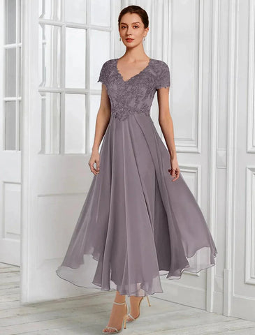 Kleid für die Mutter der Braut, formelle Hochzeitsgäste, elegant, V-Ausschnitt, knielang, Chiffon, Spitze, kurzärmelig, Jackenkleider mit Falten