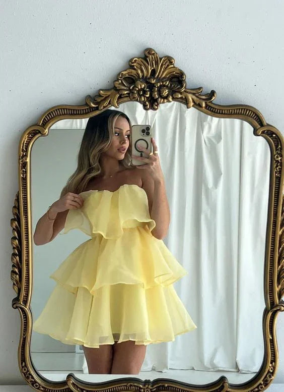 Vestido Corto de Tul Amarillo Lindo para Baile de Graduación, Fiesta de Regreso a Casa y Ocasiones Especiales Modelo Y7667