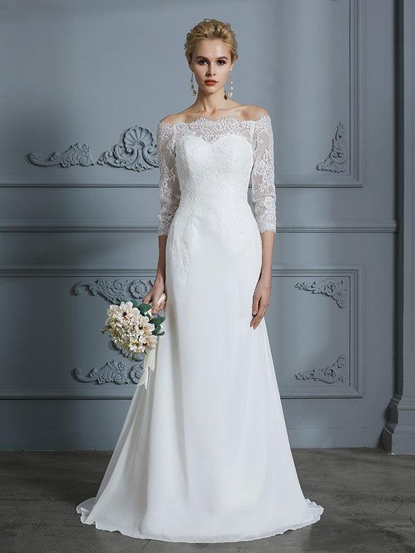 Abito da Sposa in Chiffon a Tronco/Sirena con Mezze Maniche Scollato e Strascico a Pennello