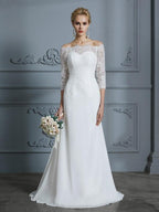 Abito da Sposa in Chiffon a Tronco/Sirena con Mezze Maniche Scollato e Strascico a Pennello