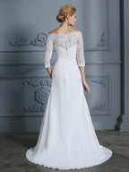 Abito da Sposa in Chiffon a Tronco/Sirena con Mezze Maniche Scollato e Strascico a Pennello