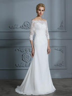 Abito da Sposa in Chiffon a Tronco/Sirena con Mezze Maniche Scollato e Strascico a Pennello