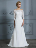 Abito da Sposa in Chiffon a Tronco/Sirena con Mezze Maniche Scollato e Strascico a Pennello