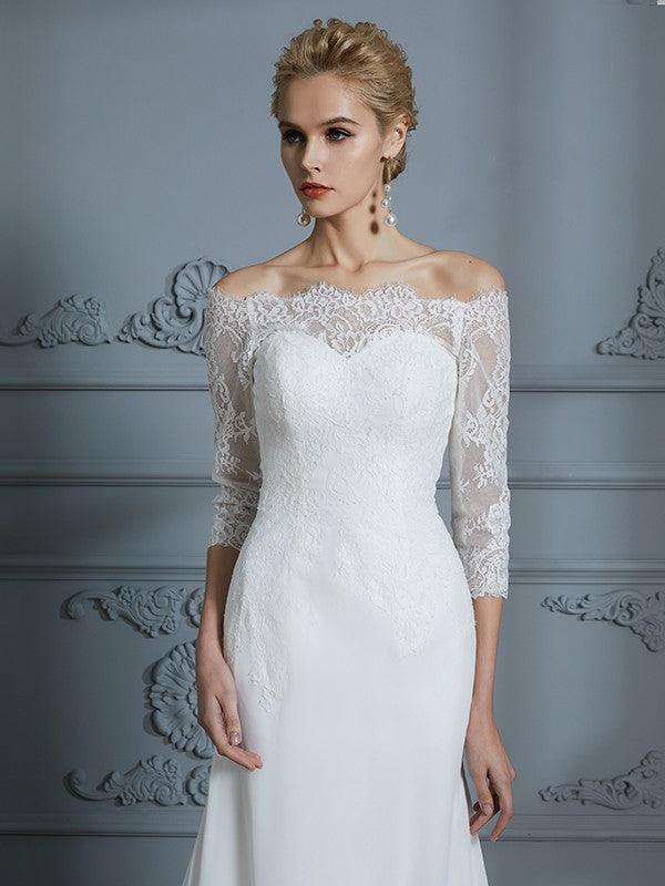 Abito da Sposa in Chiffon a Tronco/Sirena con Mezze Maniche Scollato e Strascico a Pennello