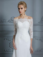 Abito da Sposa in Chiffon a Tronco/Sirena con Mezze Maniche Scollato e Strascico a Pennello
