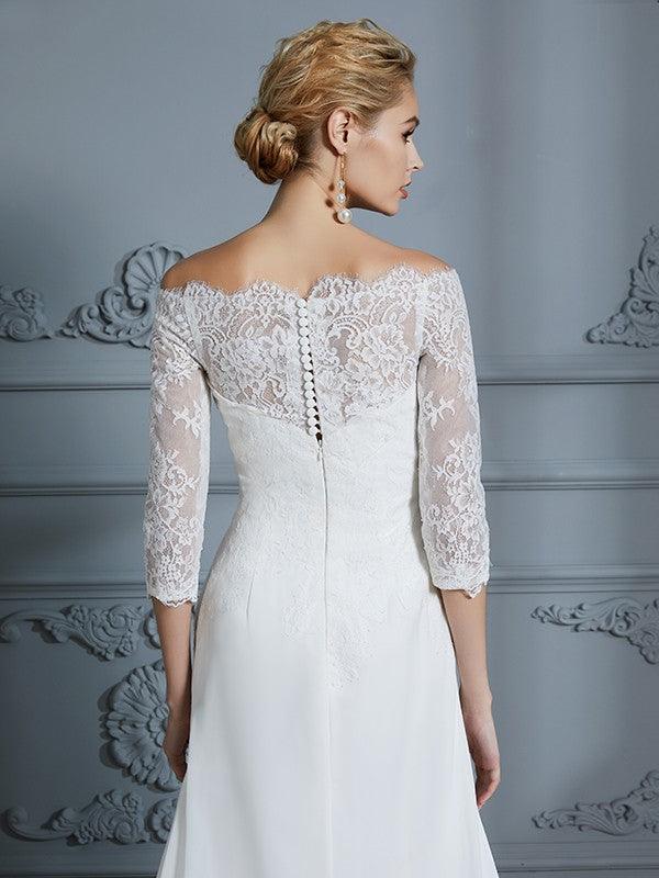 Abito da Sposa in Chiffon a Tronco/Sirena con Mezze Maniche Scollato e Strascico a Pennello