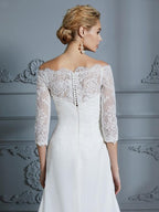Abito da Sposa in Chiffon a Tronco/Sirena con Mezze Maniche Scollato e Strascico a Pennello