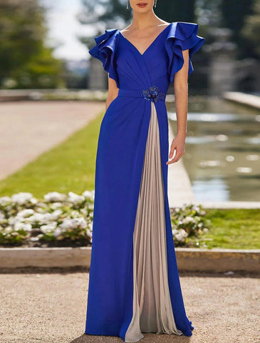 Kleid Elegantes Mutterkleid Formale Hochzeitsgäste Bodenlange Kurzarm V-Ausschnitt Stretch-Krepp mit Falten Kristallen Kleider für die Brautmutter