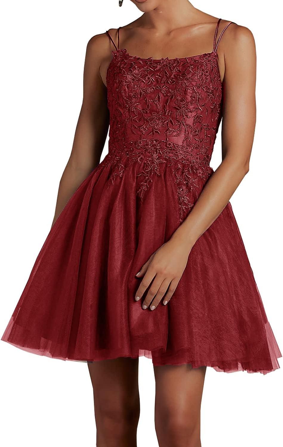 Vestidos de Tule con Encaje y Abalorios para el Baile de Regreso a Casa, Vestido Corto de Fiesta con Escote Cuadrado y Tirantes Espagueti