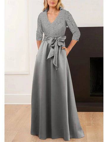 Formeller Hochzeitsgast, eleganter Hemdkragen, bodenlange Spitze, Pailletten, italienischer Satin, 3/4-Ärmel mit Schärpe/Schleife(n), Paillettenkleid für die Brautmutter