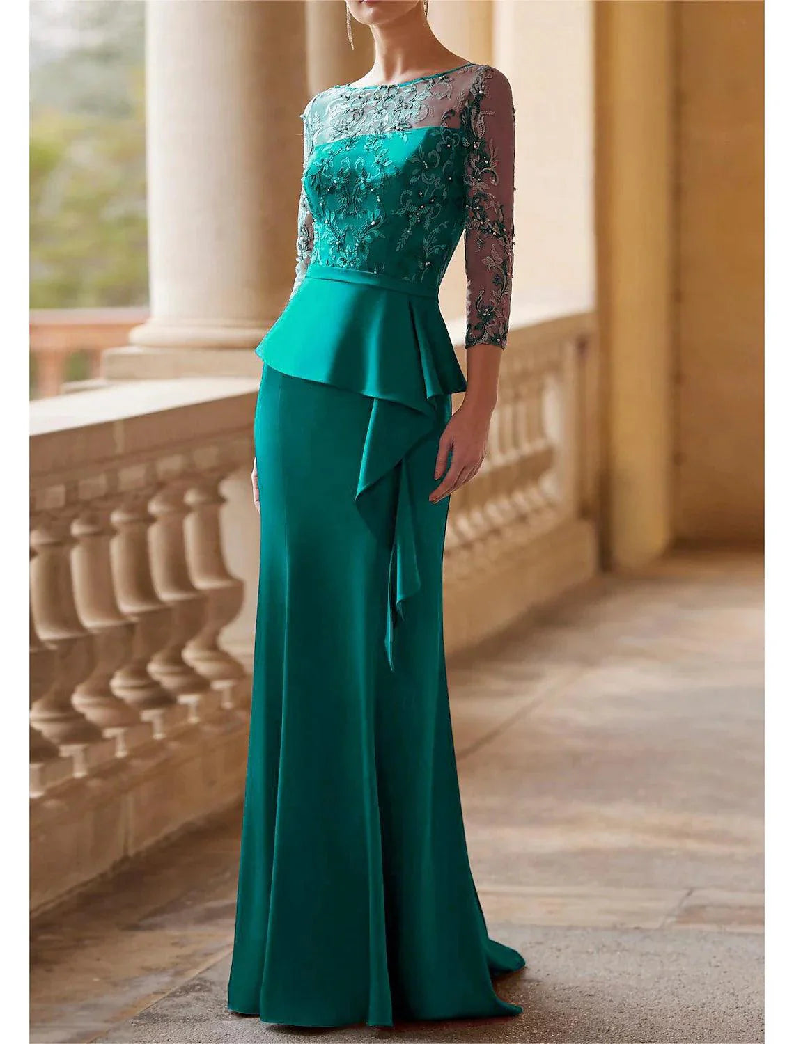 Vestido de festa para convidados de casamento, elegante, vintage, com decote ilusão, comprimento até ao chão, renda, tecido elástico, manga 3/4, meia manga com faixa/fita, franzido, missangas, para mãe da noiva