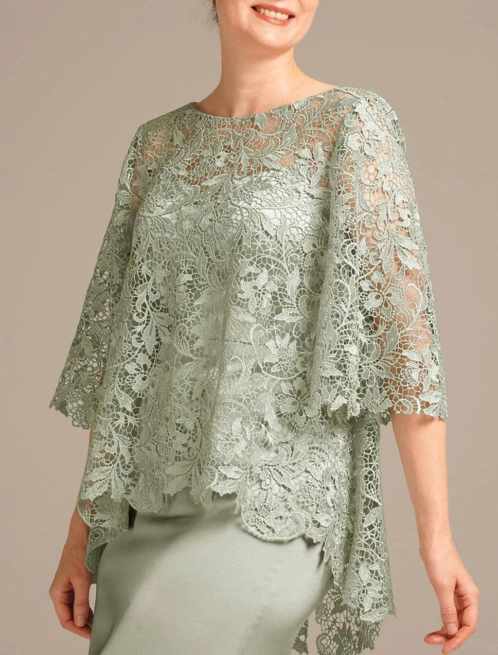 Vestido elegante para convidada de casamento, decote em joia, comprimento até ao chão, cetim com renda, meia manga e bordado, vestido para mãe da noiva