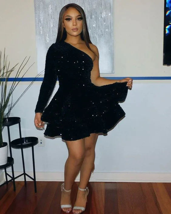 Sparkly Sequin Cocktail Dresses Short A Line One Shoulder African Women Formal Long Sleeve Homecoming Dress Y4048