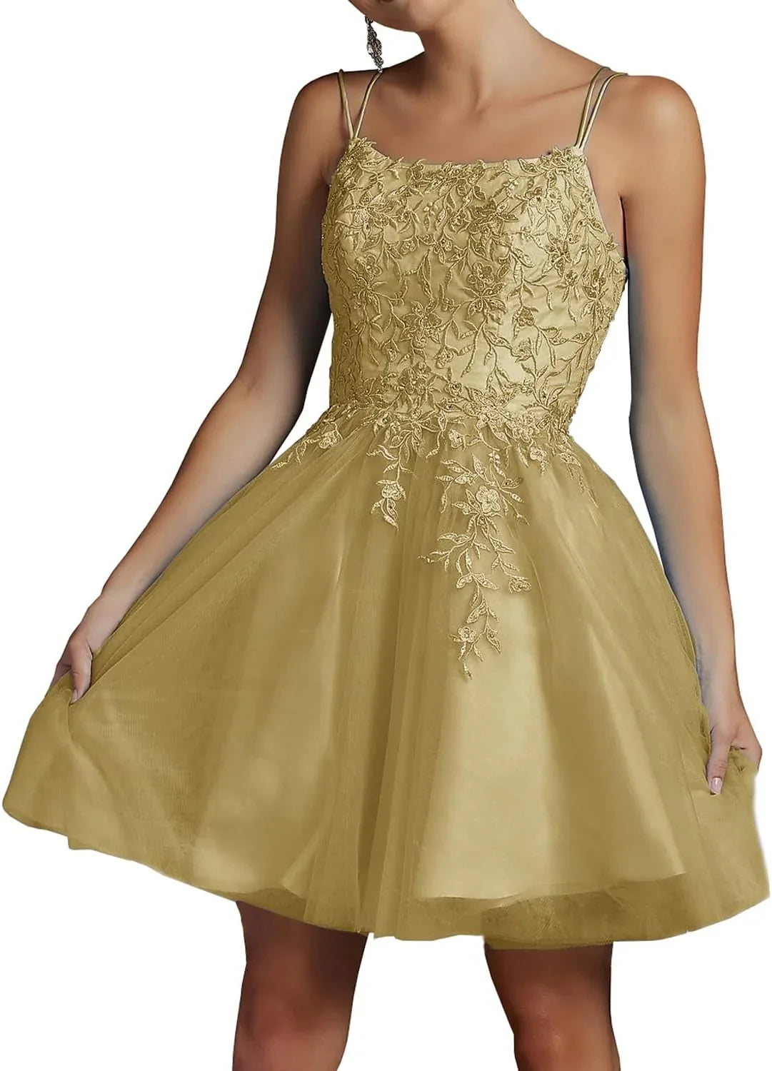 Vestidos de Tule con Encaje y Abalorios para el Baile de Regreso a Casa, Vestido Corto de Fiesta con Escote Cuadrado y Tirantes Espagueti