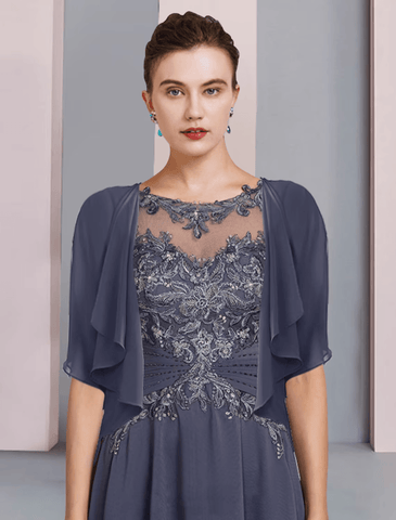 Zweiteiliges A-Linien-Kleid für die Mutter der Braut, formeller Hochzeitsgast, eleganter U-Ausschnitt, asymmetrische Wadenlänge, Chiffon-Spitze, kurze Ärmel, Wickelkleid inklusive Perlenapplikationen