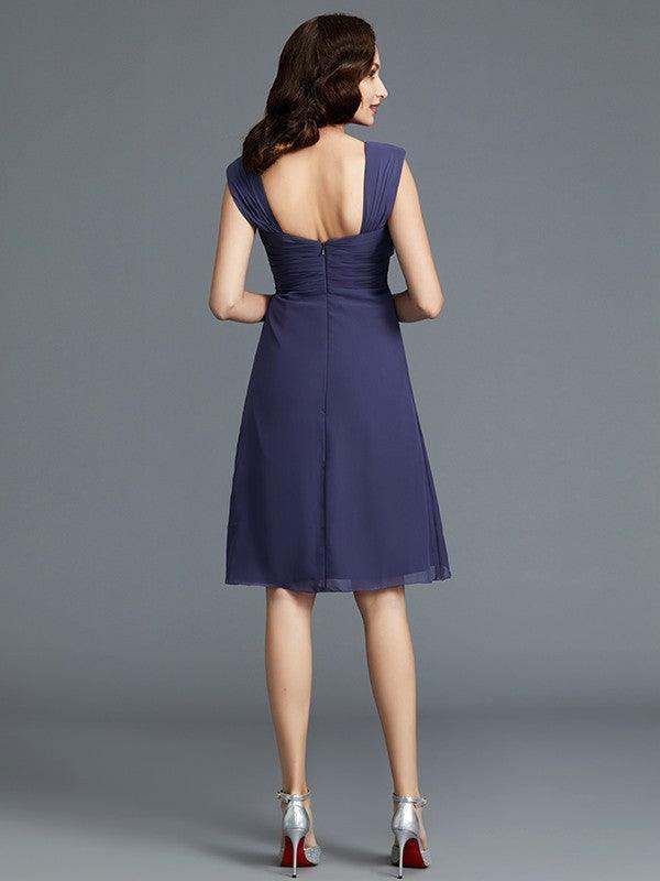 Vestidos de mãe da noiva sem mangas, em chiffon, com alças na coluna e comprimento até ao joelho