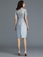 Vestidos de mãe da noiva em tafetá, com decote em V, manga curta e comprimento até ao joelho