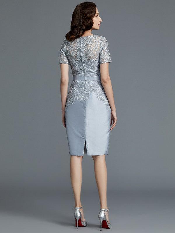 Vestidos de mãe da noiva em tafetá, com decote em V, manga curta e comprimento até ao joelho