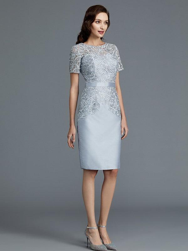 Vestidos de mãe da noiva em tafetá, com decote em V, manga curta e comprimento até ao joelho