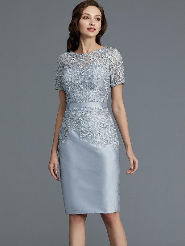 Vestidos de mãe da noiva em tafetá, com decote em V, manga curta e comprimento até ao joelho