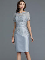 Vestidos de mãe da noiva em tafetá, com decote em V, manga curta e comprimento até ao joelho