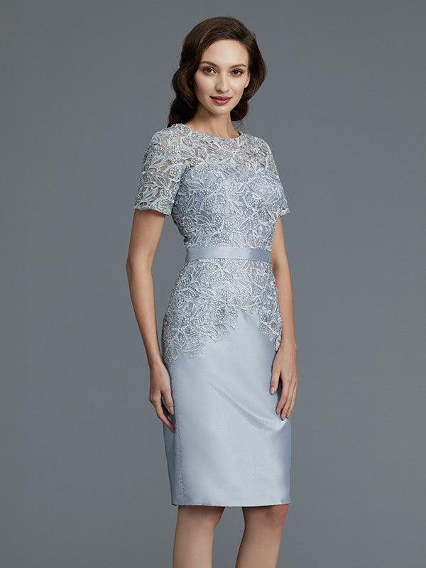 Vestidos de mãe da noiva em tafetá, com decote em V, manga curta e comprimento até ao joelho