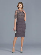 Vestidos para mãe da noiva com decote em V, manga curta, comprimento até ao joelho, chiffon, decote em U, folhos