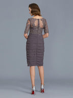 Vestidos para mãe da noiva com decote em V, manga curta, comprimento até ao joelho, chiffon, decote em U, folhos