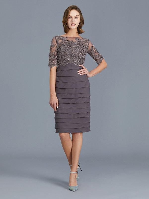 Vestidos para mãe da noiva com decote em V, manga curta, comprimento até ao joelho, chiffon, decote em U, folhos