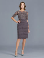 Vestidos para mãe da noiva com decote em V, manga curta, comprimento até ao joelho, chiffon, decote em U, folhos