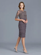 Vestidos para mãe da noiva com decote em V, manga curta, comprimento até ao joelho, chiffon, decote em U, folhos