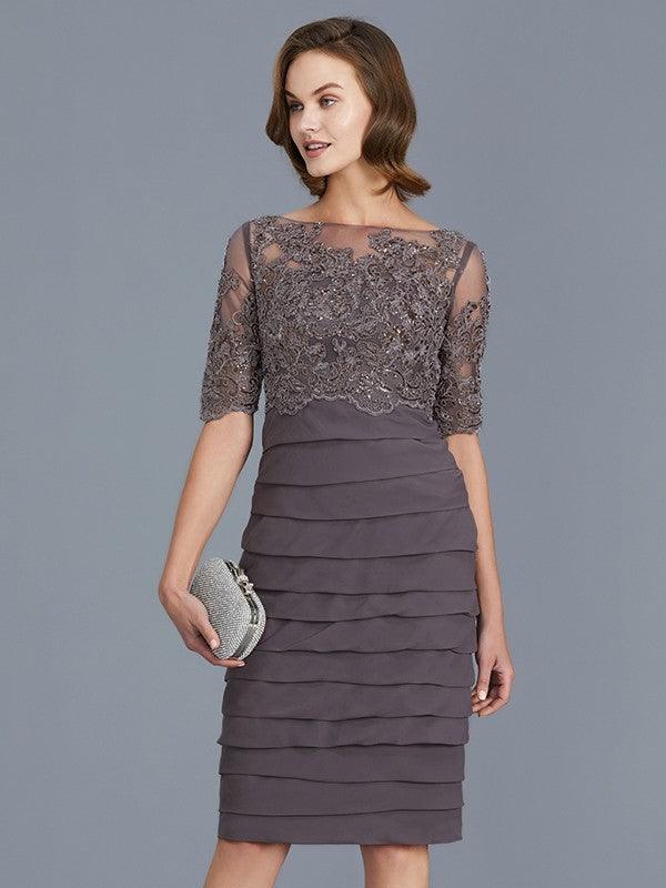 Vestidos para mãe da noiva com decote em V, manga curta, comprimento até ao joelho, chiffon, decote em U, folhos