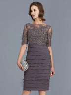 Vestidos para mãe da noiva com decote em V, manga curta, comprimento até ao joelho, chiffon, decote em U, folhos