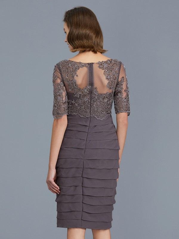 Vestidos para mãe da noiva com decote em V, manga curta, comprimento até ao joelho, chiffon, decote em U, folhos