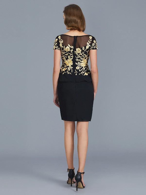 Etui-Linie U-Ausschnitt Rüschen Kurze Ärmel Knielang Chiffon Kleider für die Brautmutter