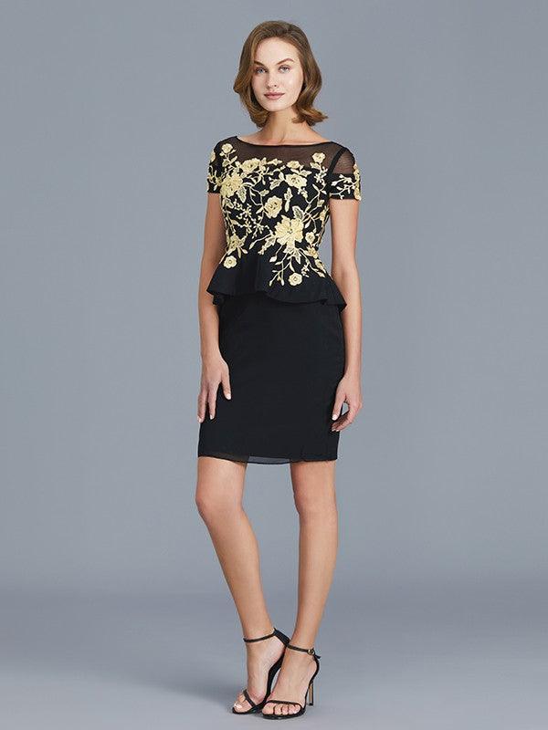 Vestidos de mãe da noiva em chiffon com decote em V e manga curta, comprimento até ao joelho, com decote em V e folhos