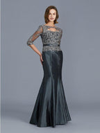 Trompete/Meerjungfrau-Linie U-Ausschnitt 3/4 Ärmel Applikationen Bodenlang Taft Brautmutterkleider